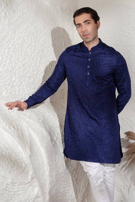 Shop_Char Chaand_Blue Linen, Silk Embroidery Designer Kurta _Online_at_Aza_Fashions