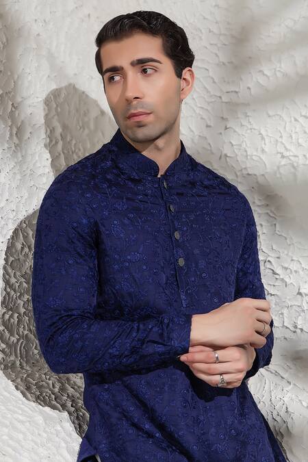 Char Chaand_Blue Linen, Silk Embroidery Designer Kurta _at_Aza_Fashions