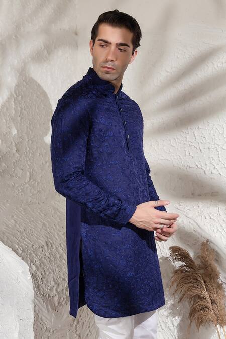 Buy_Char Chaand_Blue Linen, Silk Embroidery Designer Kurta 