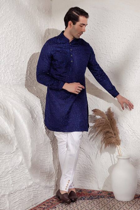 Shop_Char Chaand_Blue Linen, Silk Embroidery Designer Kurta 