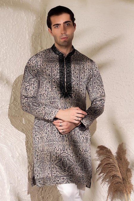 Buy_Char Chaand_Black Linen, Silk Embroidery Designer And White Printed Kurta _Online_at_Aza_Fashions