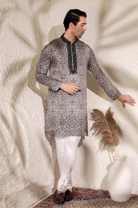 Shop_Char Chaand_Black Linen, Silk Embroidery Designer And White Printed Kurta _Online_at_Aza_Fashions
