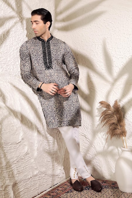 Char Chaand_Black Linen, Silk Embroidery Designer And White Printed Kurta _at_Aza_Fashions