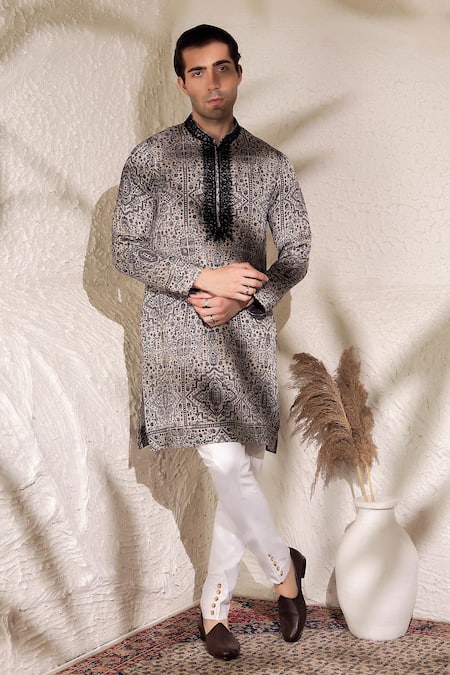 Char Chaand Black Linen, Silk Embroidery Designer And White Printed Kurta 