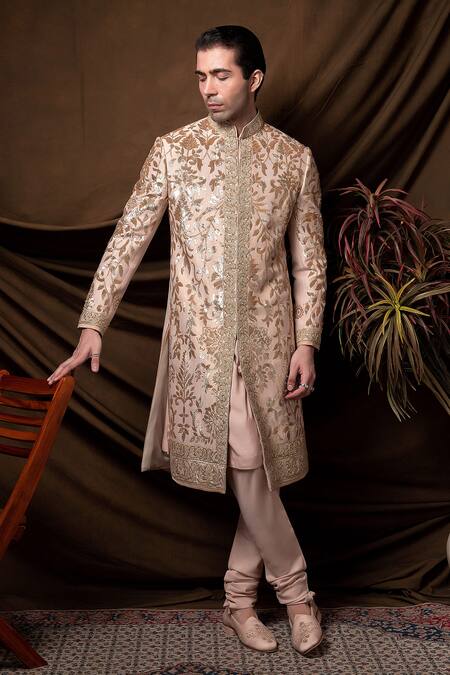 Shop_Char Chaand_Peach Linen, Silk Embroidery, Sequins Designer Sherwani Set _Online_at_Aza_Fashions