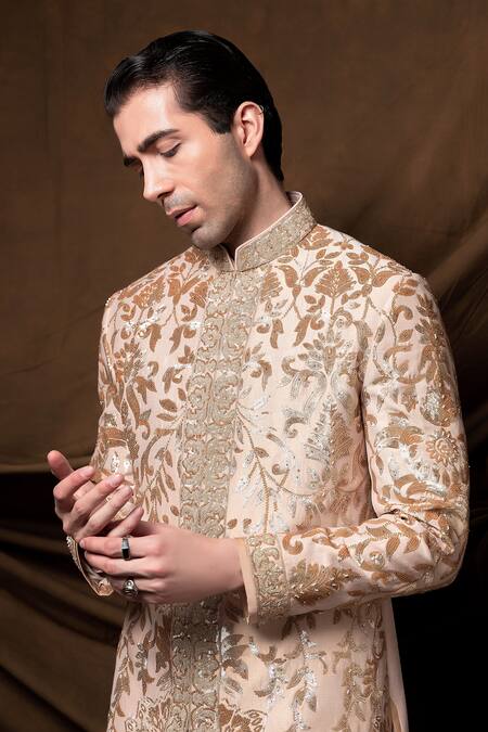 Char Chaand_Peach Linen, Silk Embroidery, Sequins Designer Sherwani Set _at_Aza_Fashions
