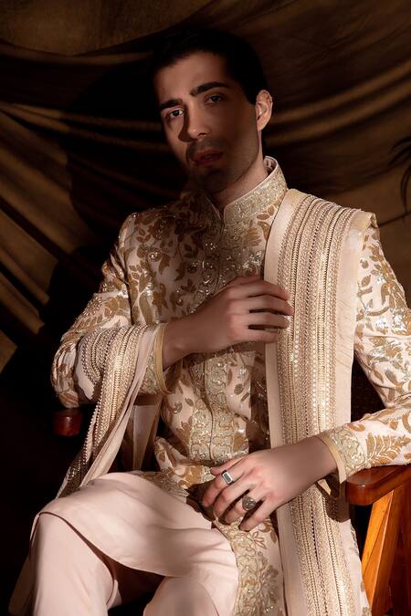 Buy_Char Chaand_Peach Linen, Silk Embroidery, Sequins Designer Sherwani Set 