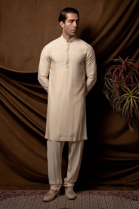 Buy_Char Chaand_Beige Linen, Silk Embroidery Designer Sherwani Set _Online_at_Aza_Fashions