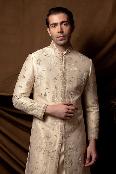 Shop_Char Chaand_Beige Linen, Silk Embroidery Designer Sherwani Set _Online_at_Aza_Fashions