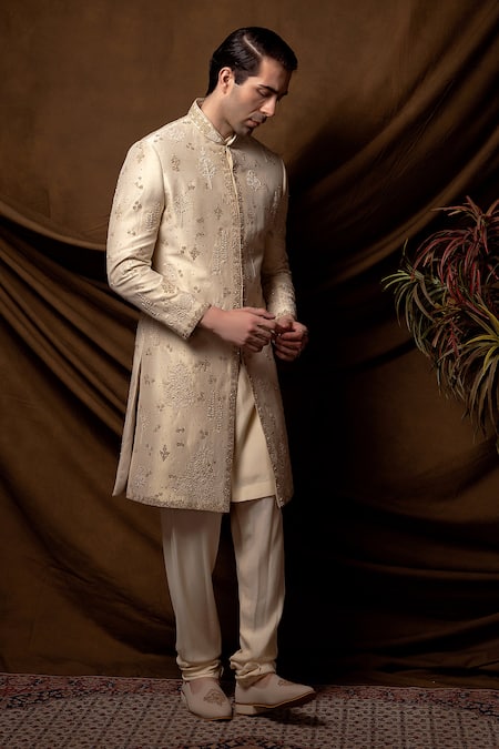 Char Chaand_Beige Linen, Silk Embroidery Designer Sherwani Set _at_Aza_Fashions