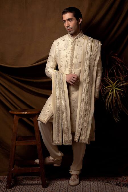 Shop_Char Chaand_Beige Linen, Silk Embroidery Designer Sherwani Set 