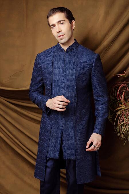 Buy_Char Chaand_Blue Silk Designer Jacquard Sherwani And Pant Set _Online_at_Aza_Fashions