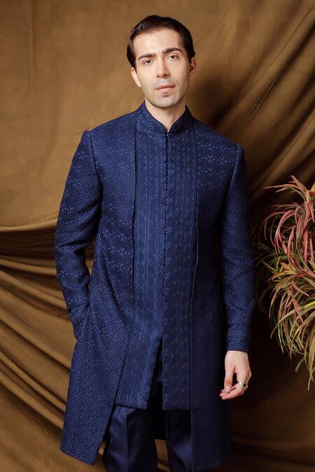 Shop_Char Chaand_Blue Silk Designer Jacquard Sherwani And Pant Set _Online_at_Aza_Fashions