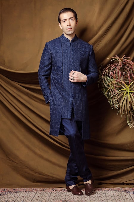 Char Chaand Blue Silk Designer Jacquard Sherwani And Pant Set 