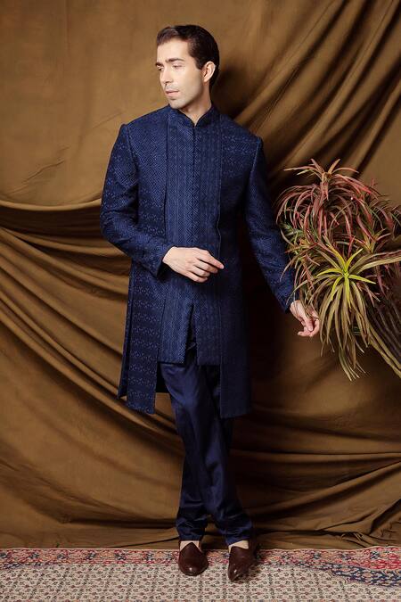 Char Chaand_Blue Silk Designer Jacquard Sherwani And Pant Set _at_Aza_Fashions