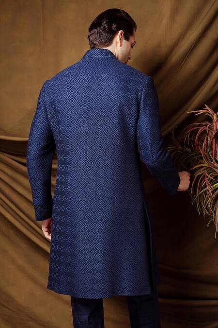 Buy_Char Chaand_Blue Silk Designer Jacquard Sherwani And Pant Set 