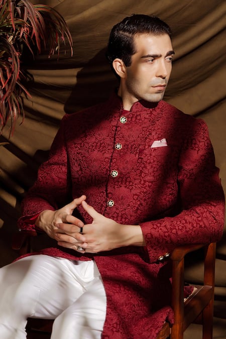 Char Chaand_Wine Jacquard Designer Sherwani _Online_at_Aza_Fashions