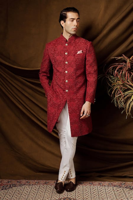 Char Chaand Wine Jacquard Designer Sherwani 
