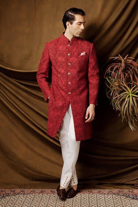 Buy_Char Chaand_Wine Jacquard Designer Sherwani _Online_at_Aza_Fashions