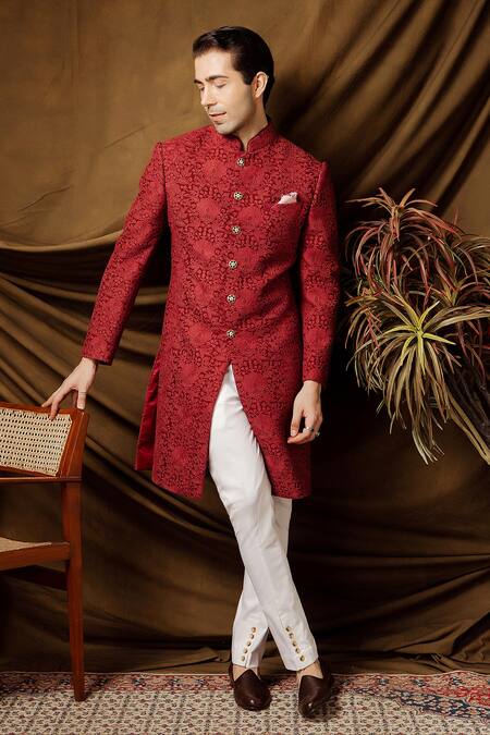 Shop_Char Chaand_Wine Jacquard Designer Sherwani _Online_at_Aza_Fashions