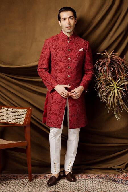 Char Chaand_Wine Jacquard Designer Sherwani _at_Aza_Fashions