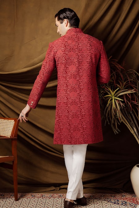 Char Chaand Wine Jacquard Designer Sherwani 