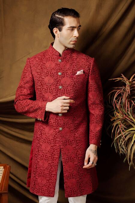 Buy_Char Chaand_Wine Jacquard Designer Sherwani 