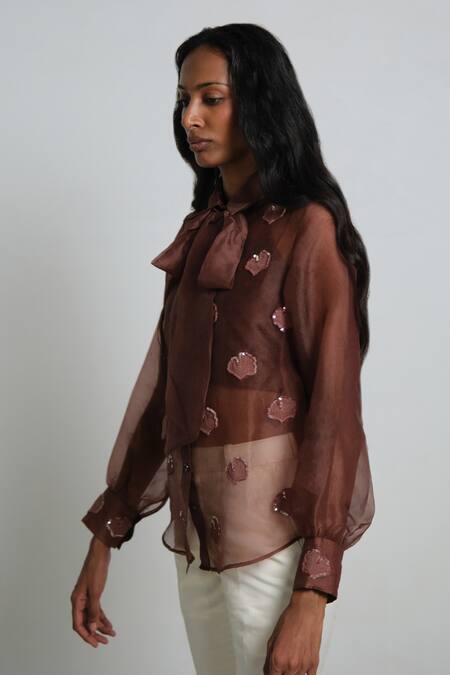 Shimona_Brown Silk Organza Embroidery Collared Shirt _Online_at_Aza_Fashions