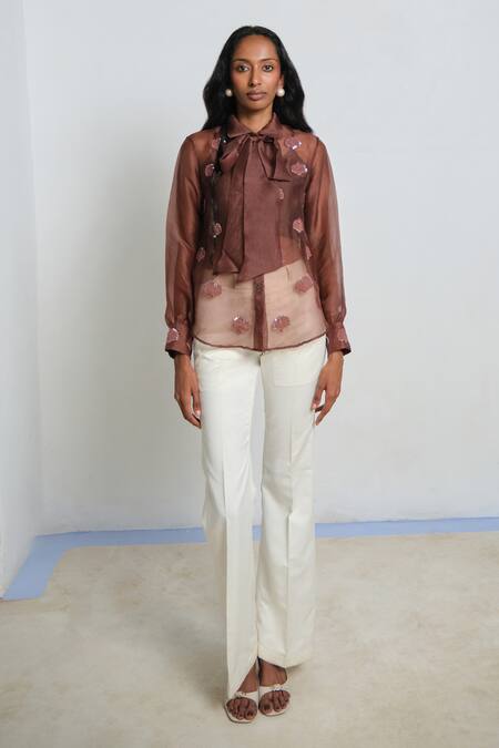 Buy_Shimona_Brown Silk Organza Embroidery Collared Shirt _Online_at_Aza_Fashions
