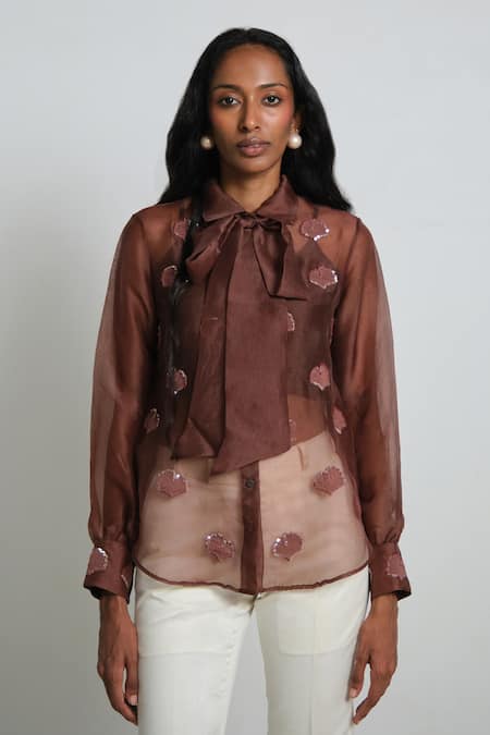 Shimona Brown Silk Organza Embroidery Collared Shirt