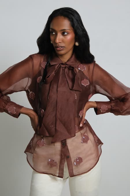 Shop_Shimona_Brown Silk Organza Embroidery Collared Shirt _Online_at_Aza_Fashions