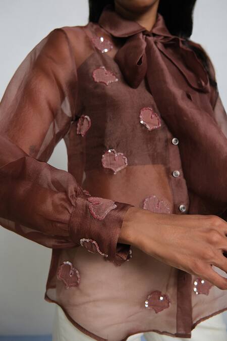 Shimona_Brown Silk Organza Embroidery Collared Shirt _at_Aza_Fashions