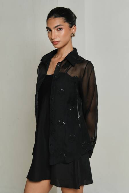 Shimona_Black Silk Organza Sequins Collared Sea Weed Shirt _Online_at_Aza_Fashions