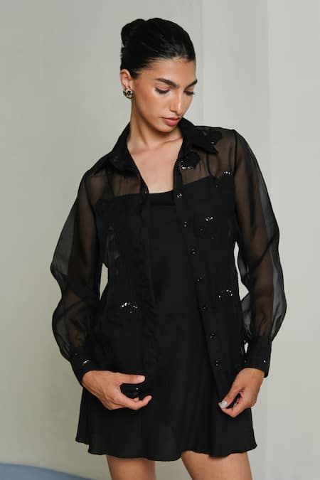 Shimona Black Silk Organza Sea Weed Shirt 