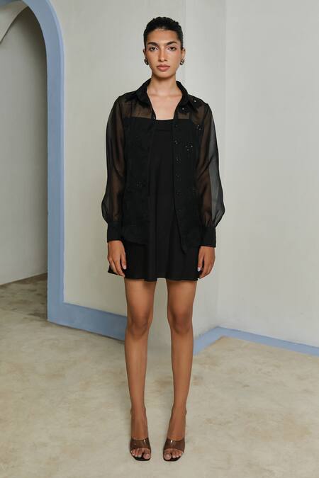 Shimona_Black Silk Organza Sequins Collared Sea Weed Shirt _at_Aza_Fashions