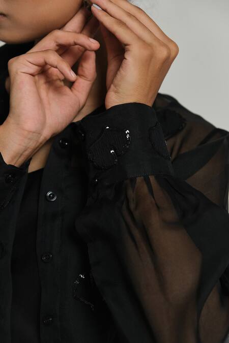 Shop_Shimona_Black Silk Organza Sequins Collared Sea Weed Shirt 