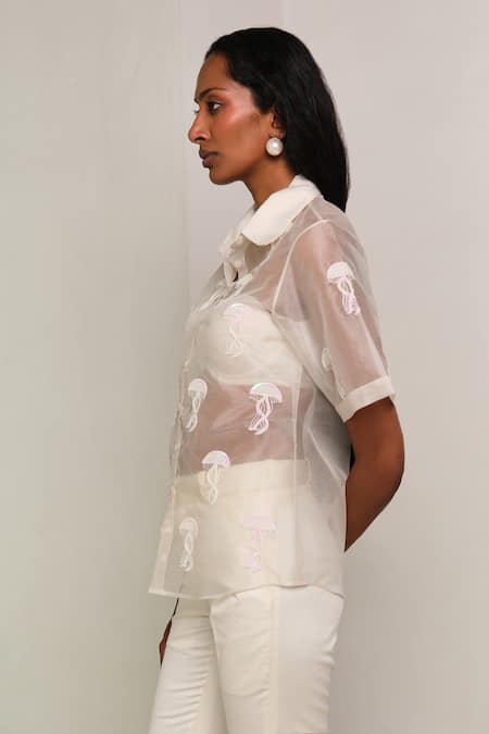 Shimona White Silk Organza Embroidery Collared Jelly Fish Shirt Online at Aza Fashions Shimona_White Silk Organza Embroidery Collared Jelly Fish Shirt _Online_at_Aza_Fashions