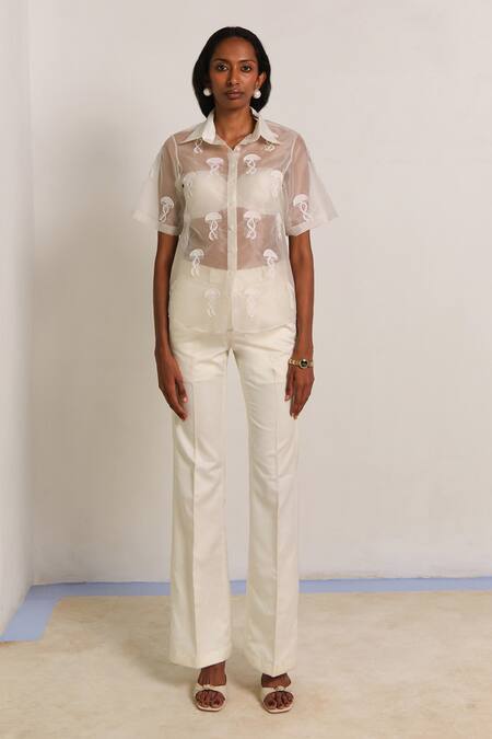 Buy Shimona White Silk Organza Embroidery Collared Jelly Fish Shirt Online at Aza Fashions Buy_Shimona_White Silk Organza Embroidery Collared Jelly Fish Shirt _Online_at_Aza_Fashions