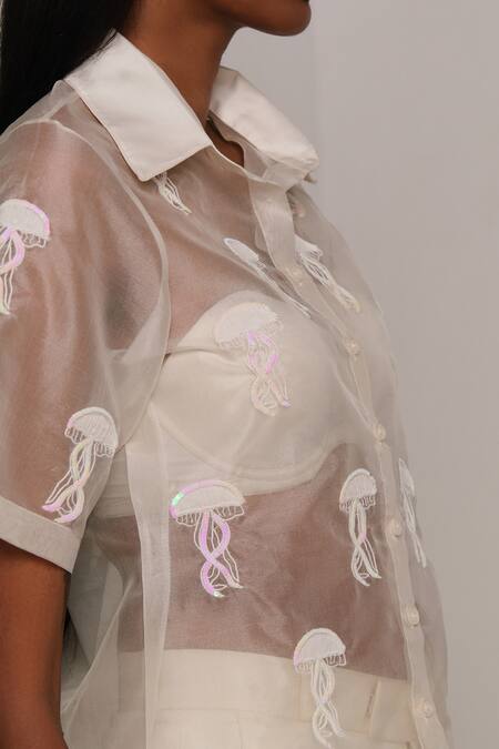 Shop Shimona White Silk Organza Embroidery Collared Jelly Fish Shirt Online at Aza Fashions Shop_Shimona_White Silk Organza Embroidery Collared Jelly Fish Shirt _Online_at_Aza_Fashions