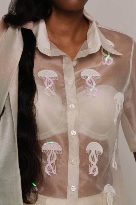 Shimona White Silk Organza Embroidery Collared Jelly Fish Shirt at Aza Fashions Shimona_White Silk Organza Embroidery Collared Jelly Fish Shirt _at_Aza_Fashions