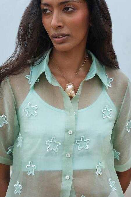 Shimona_Green Silk Organza Embroidery Collared Star Fish Shirt _at_Aza_Fashions