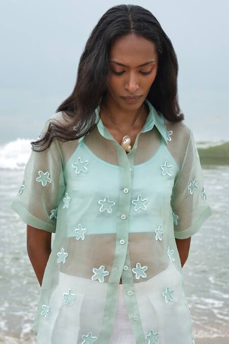 Buy_Shimona_Green Silk Organza Embroidery Collared Star Fish Shirt 