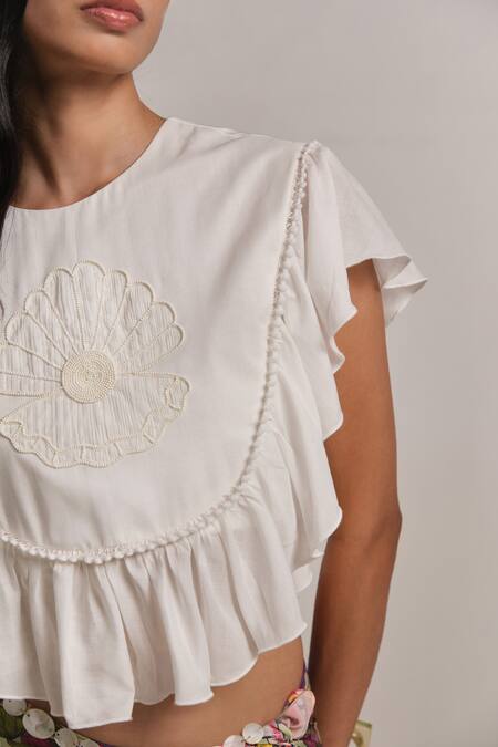 Buy_Shimona_White Cotton, Silk Embroidery Round Neck Mother Of Pearl Top _Online_at_Aza_Fashions