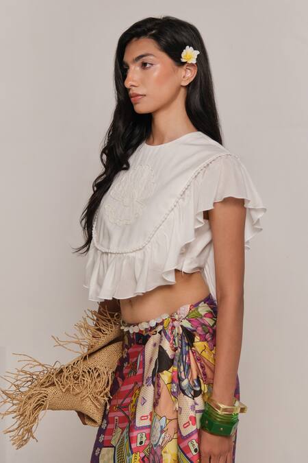 Shop_Shimona_White Cotton, Silk Embroidery Round Neck Mother Of Pearl Top _Online_at_Aza_Fashions