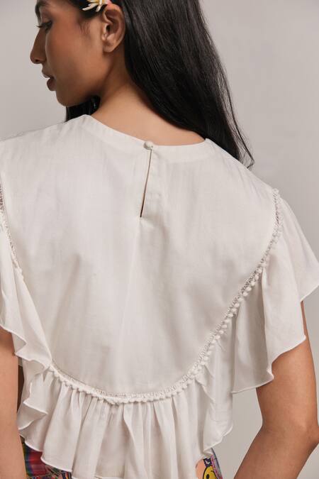 Shimona_White Cotton, Silk Embroidery Round Neck Mother Of Pearl Top _at_Aza_Fashions