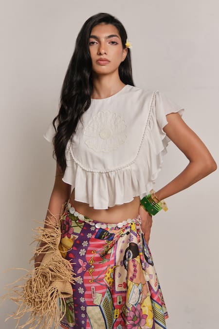 Shimona White Cotton, Silk Embroidery Round Neck Mother Of Pearl Top