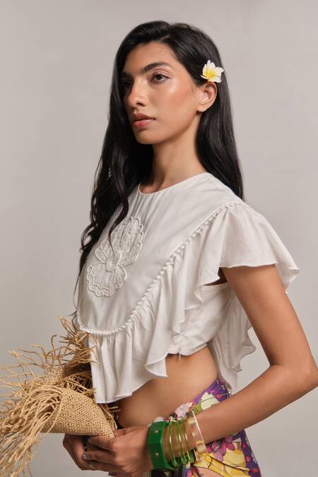 Buy_Shimona_White Cotton, Silk Embroidery Round Neck Mother Of Pearl Top 