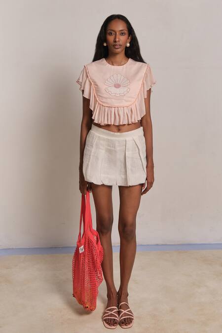 Shimona Peach Cotton, Silk Embroidery Round Neck Mother Of Pearl Frill Top Online at Aza Fashions Shimona_Peach Cotton, Silk Embroidery Round Neck Mother Of Pearl Frill Top _Online_at_Aza_Fashions