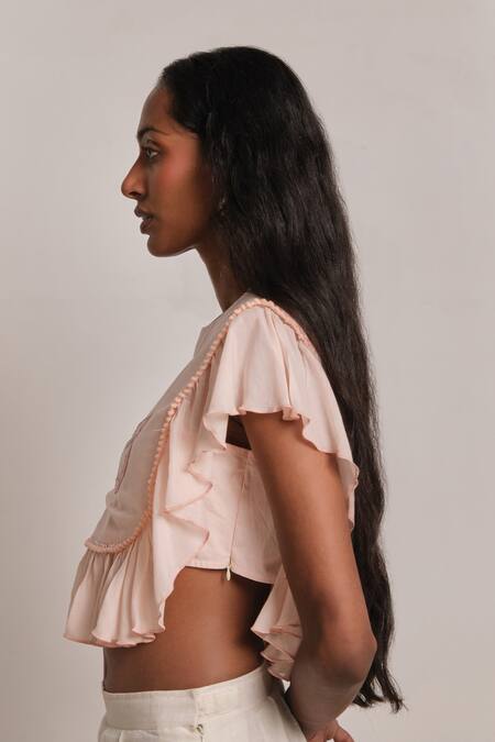 Buy Shimona Peach Cotton, Silk Embroidery Round Neck Mother Of Pearl Frill Top Online at Aza Fashions Buy_Shimona_Peach Cotton, Silk Embroidery Round Neck Mother Of Pearl Frill Top _Online_at_Aza_Fashions