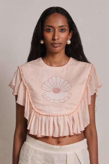 Shop Shimona Peach Cotton, Silk Embroidery Round Neck Mother Of Pearl Frill Top Online at Aza Fashions Shop_Shimona_Peach Cotton, Silk Embroidery Round Neck Mother Of Pearl Frill Top _Online_at_Aza_Fashions